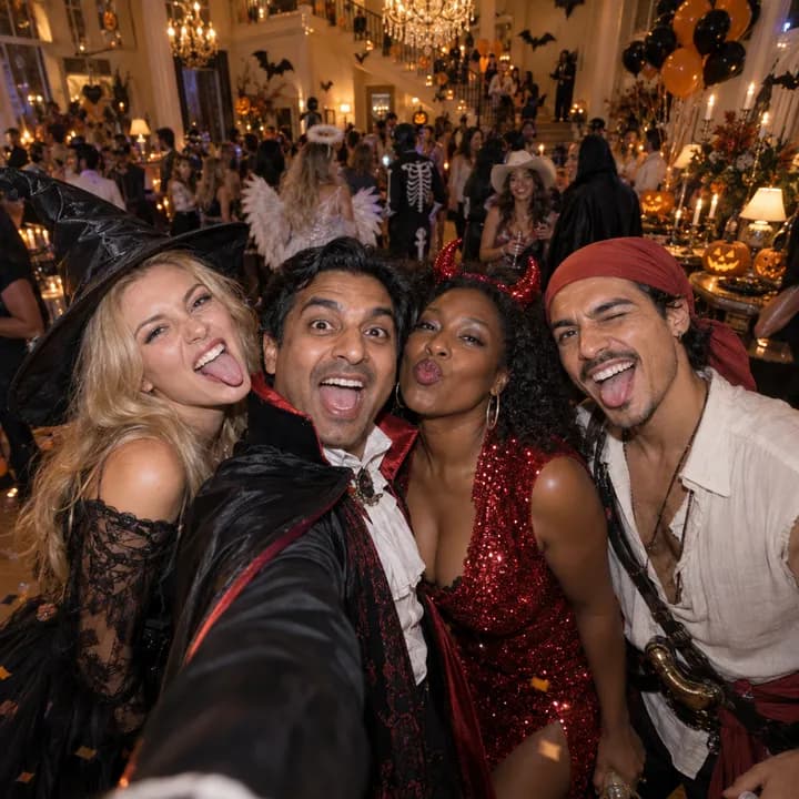 Un selfi de grupo muy animado en un gran salón de fiesta de disfraces.