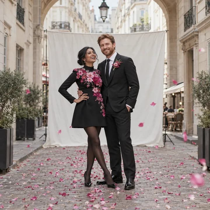 Una pareja de recién casados ríe bajo una lluvia de pétalos, en la portada de una revista, en una calle empedrada.