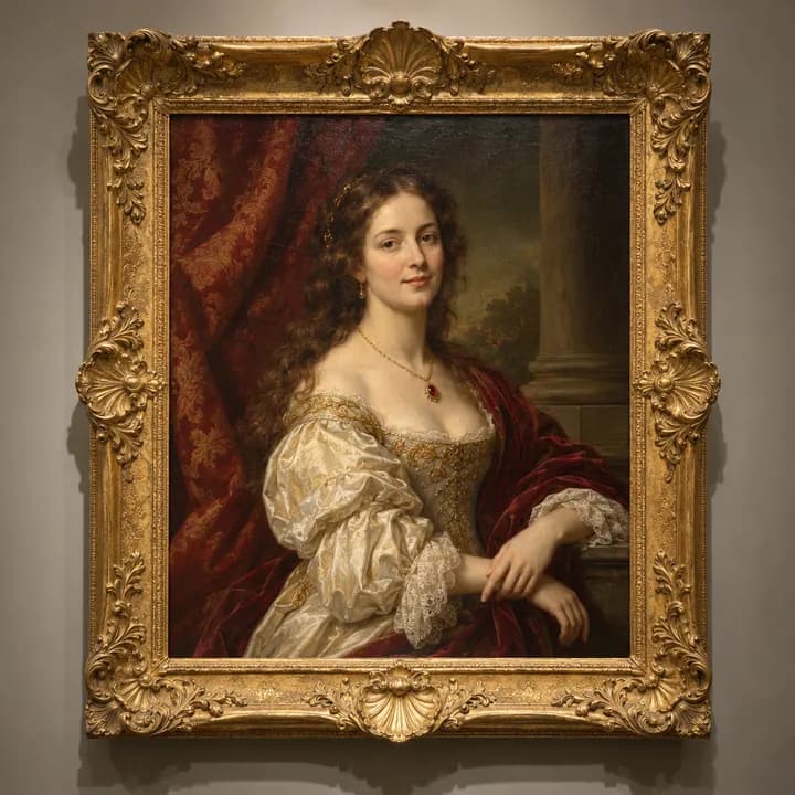 Retrato pintado al estilo antiguo de una mujer con un vestido de seda, en un marco dorado.