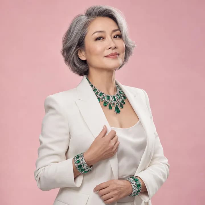 Retrato luminoso de una invitada adornada con joyas, sobre un fondo rosa.