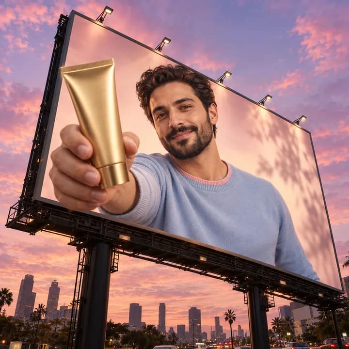 Un visitante presenta un producto desde un cartel gigante al atardecer.