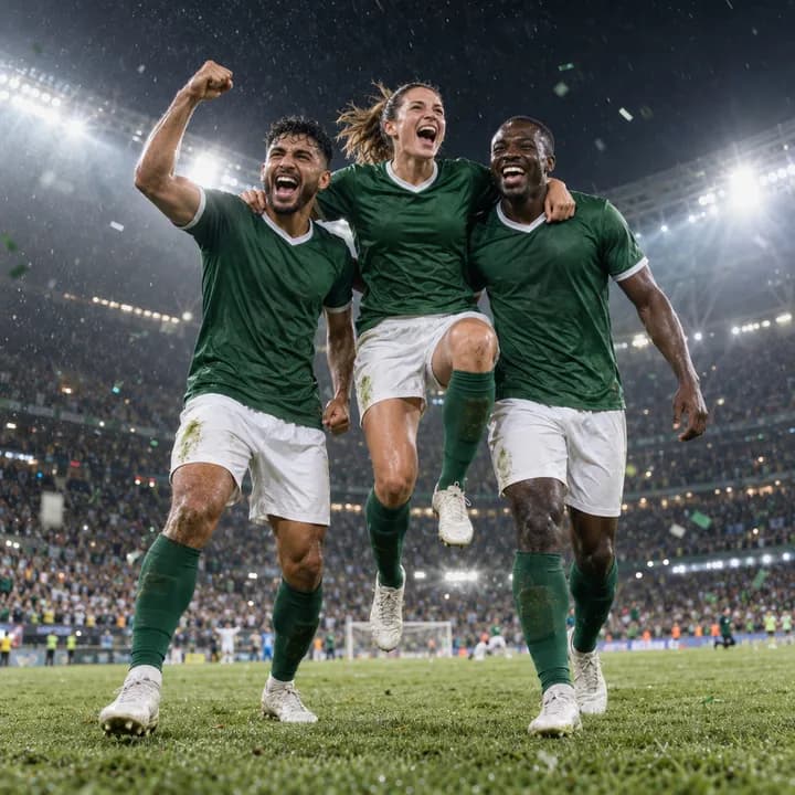 Tres deportistas con camiseta verde lo celebran juntos en un estadio bajo los focos.