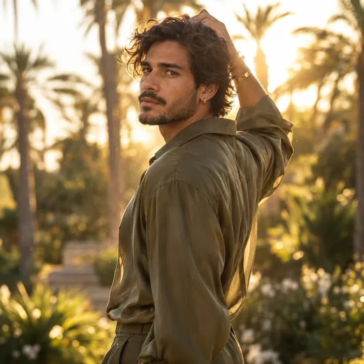 Retrato soleado de un visitante en un jardín de palmeras, como una portada de verano.
