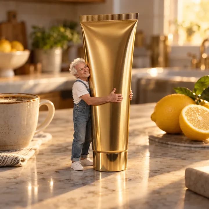 Un visitante en miniatura abraza un tubo de producto gigante sobre una encimera.